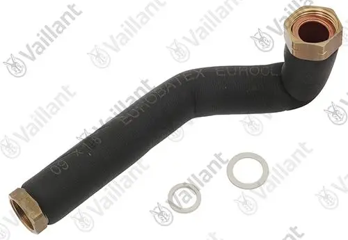 Rohr aus flexiblem Material mit einer gebogenen Form und metallischen Anschlüssen, geeignet für Vaillant Produkte, begleitet von zwei Dichtscheiben.